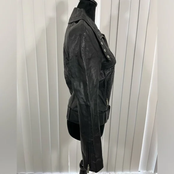 BLANC NOIR Quilted Leather Moto Jacket Belted Zip Up Lined Buckles Black Size S - Picture 5 of 9
